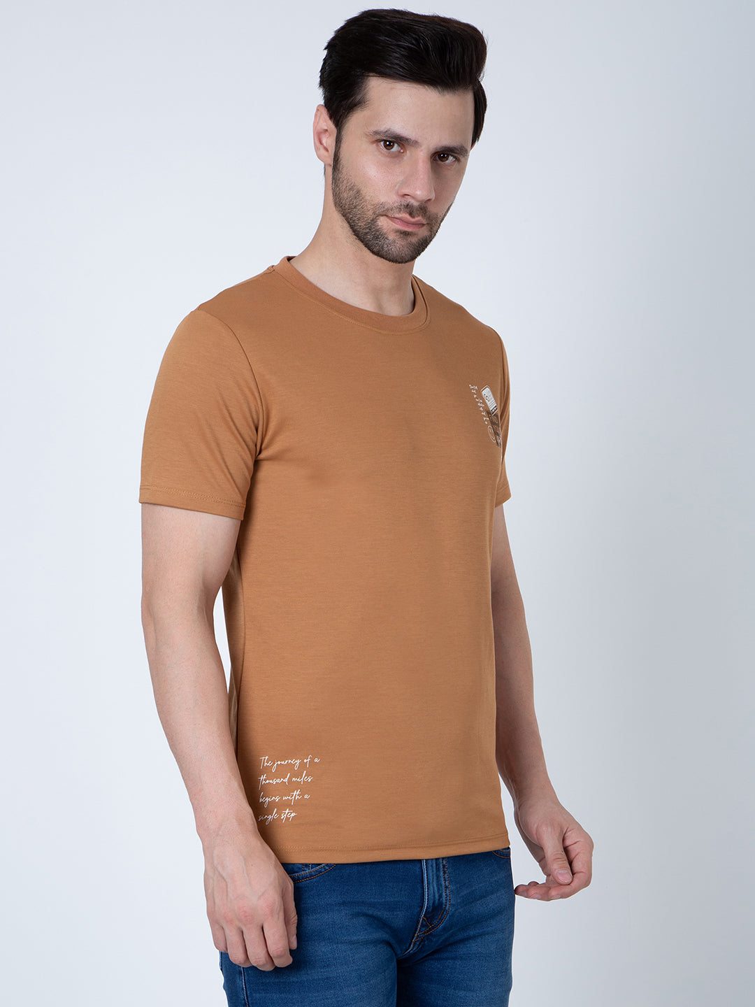 Men Round Neck Brown T-Shirt
