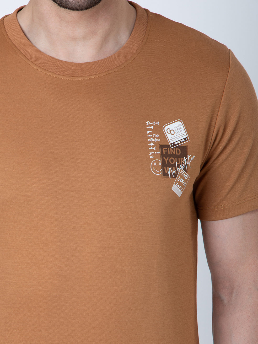 Men Round Neck Brown T-Shirt