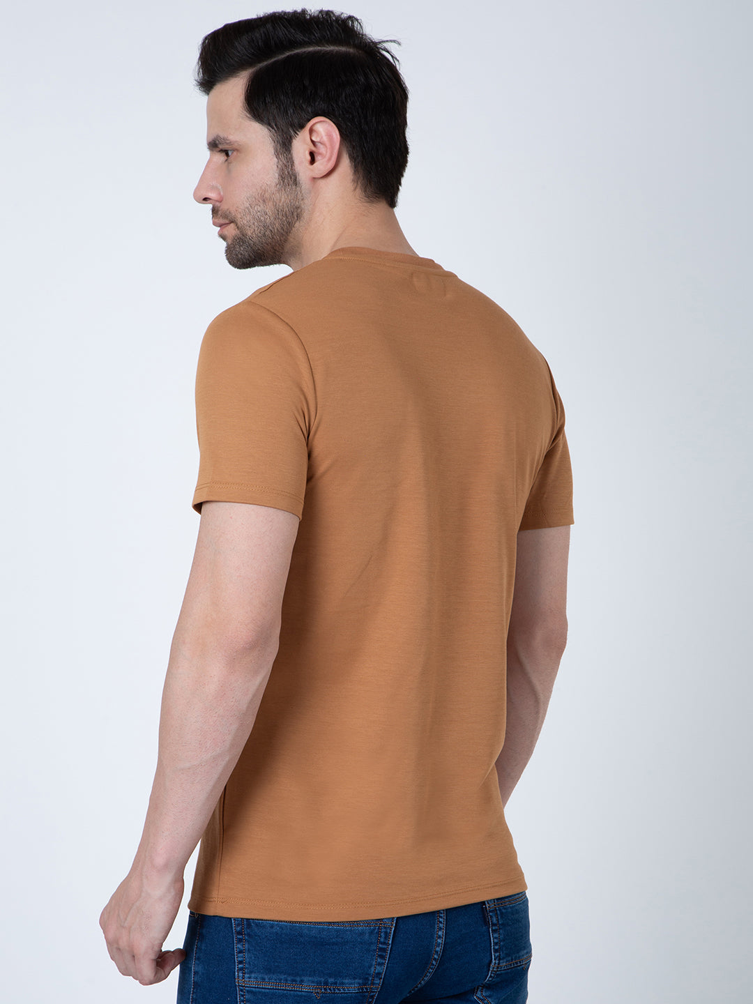 Men Round Neck Brown T-Shirt