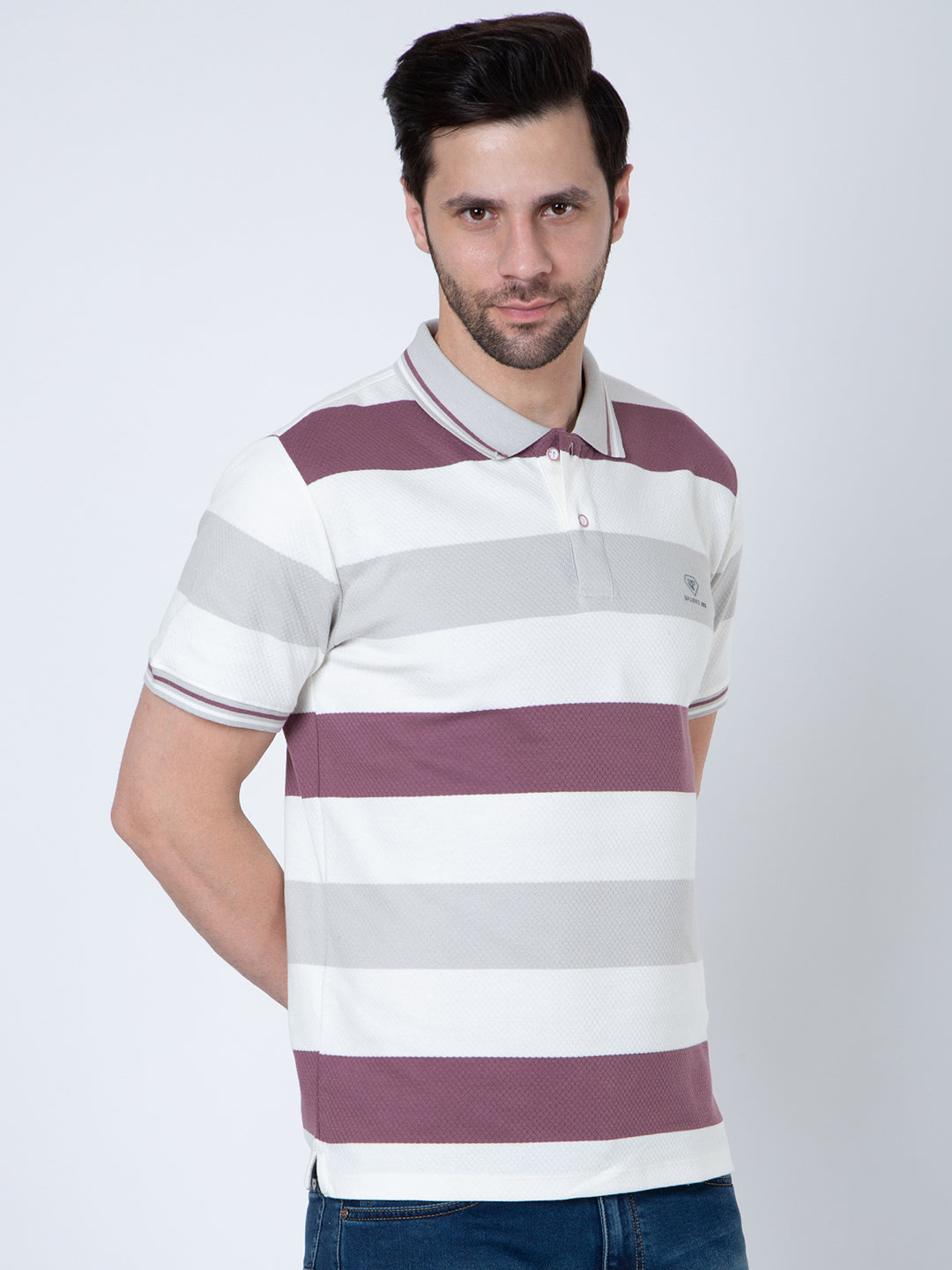 Men Polo Striper Lycra White Wine T-Shirt