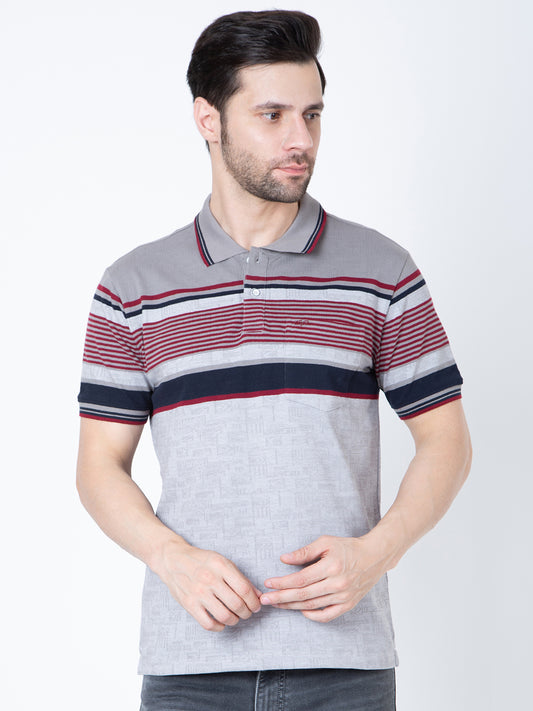 Men Polo Striper Lycra Grey T-Shirt