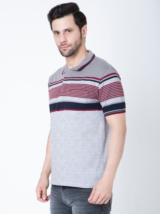 Men Polo Striper Lycra Grey T-Shirt