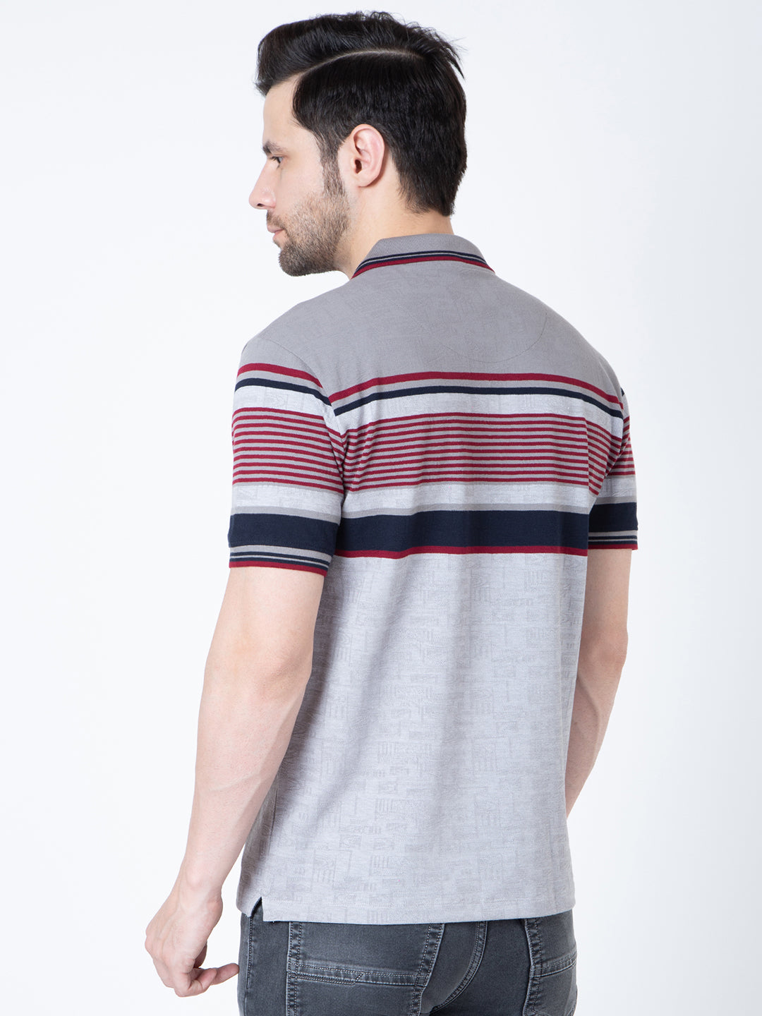 Men Polo Striper Lycra Grey T-Shirt