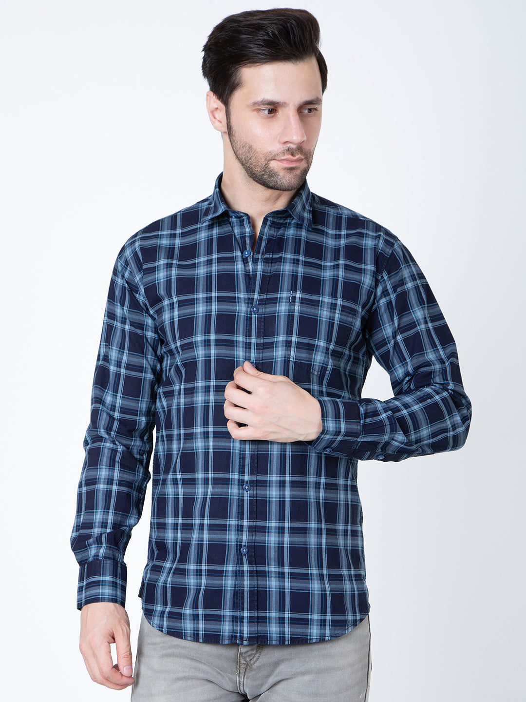 Men Navy Blue Indigo Check Shirt