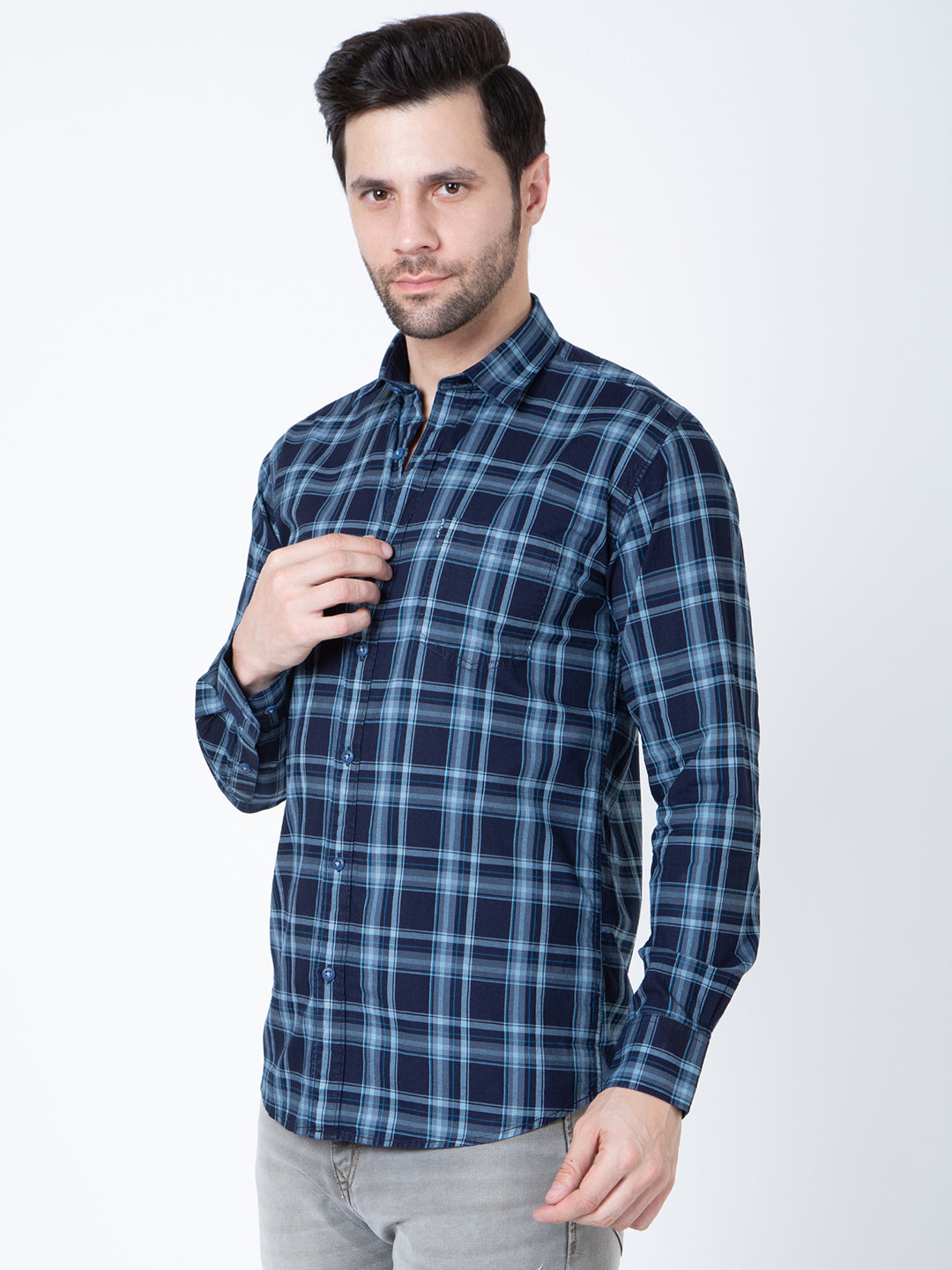 Men Navy Blue Indigo Check Shirt