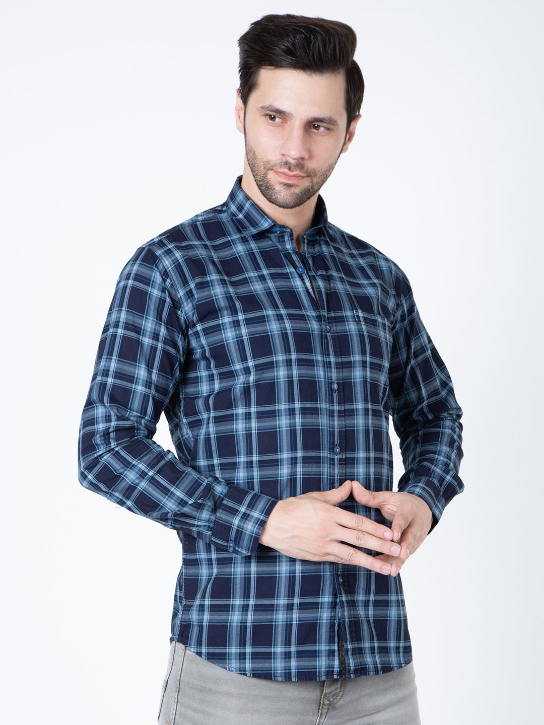 Men Navy Blue Indigo Check Shirt