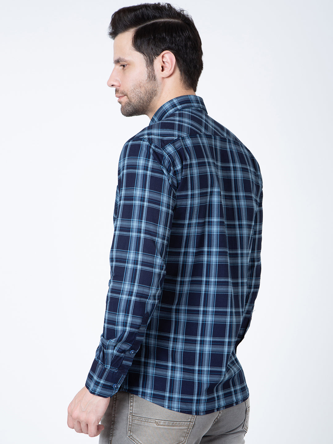 Men Navy Blue Indigo Check Shirt