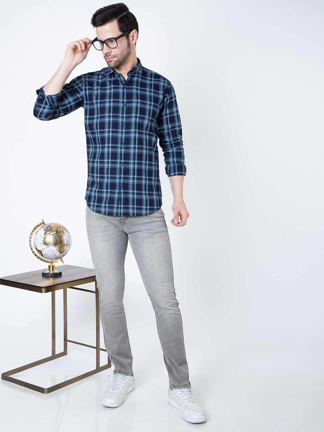 Men Navy Blue Indigo Check Shirt