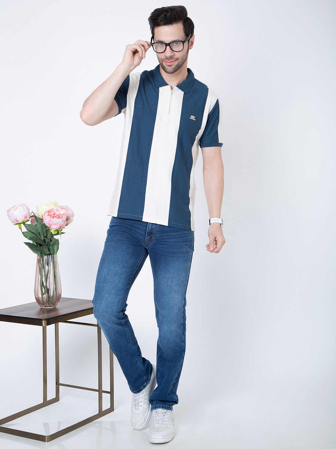 Men Polo Half Zipper Teal T-Shirt
