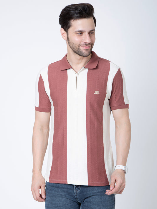 Men Polo Half Zipper Beige T-Shirt