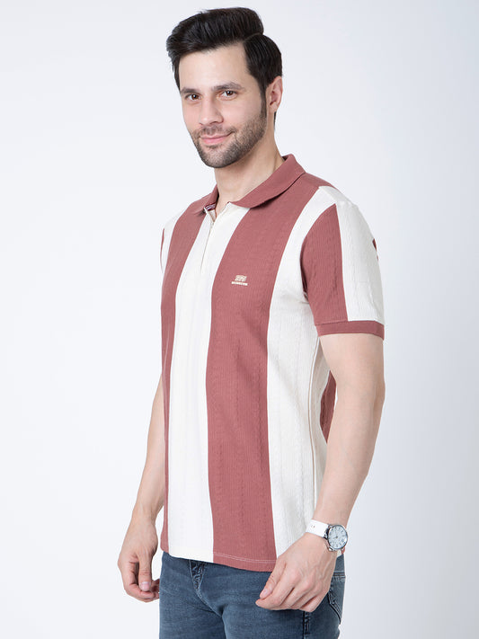 Men Polo Half Zipper Beige T-Shirt