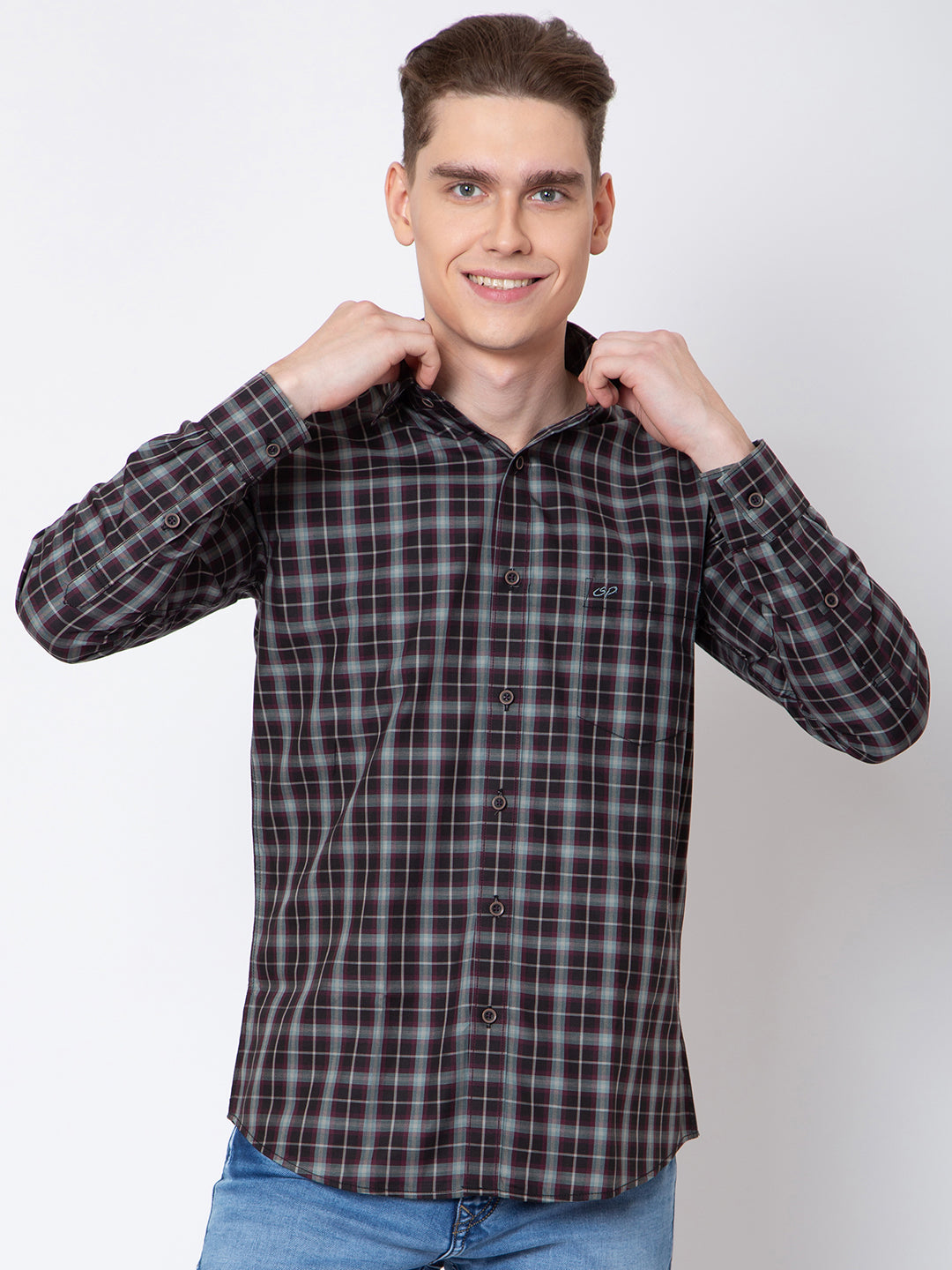 Men Brown Grey Check Print Shirt