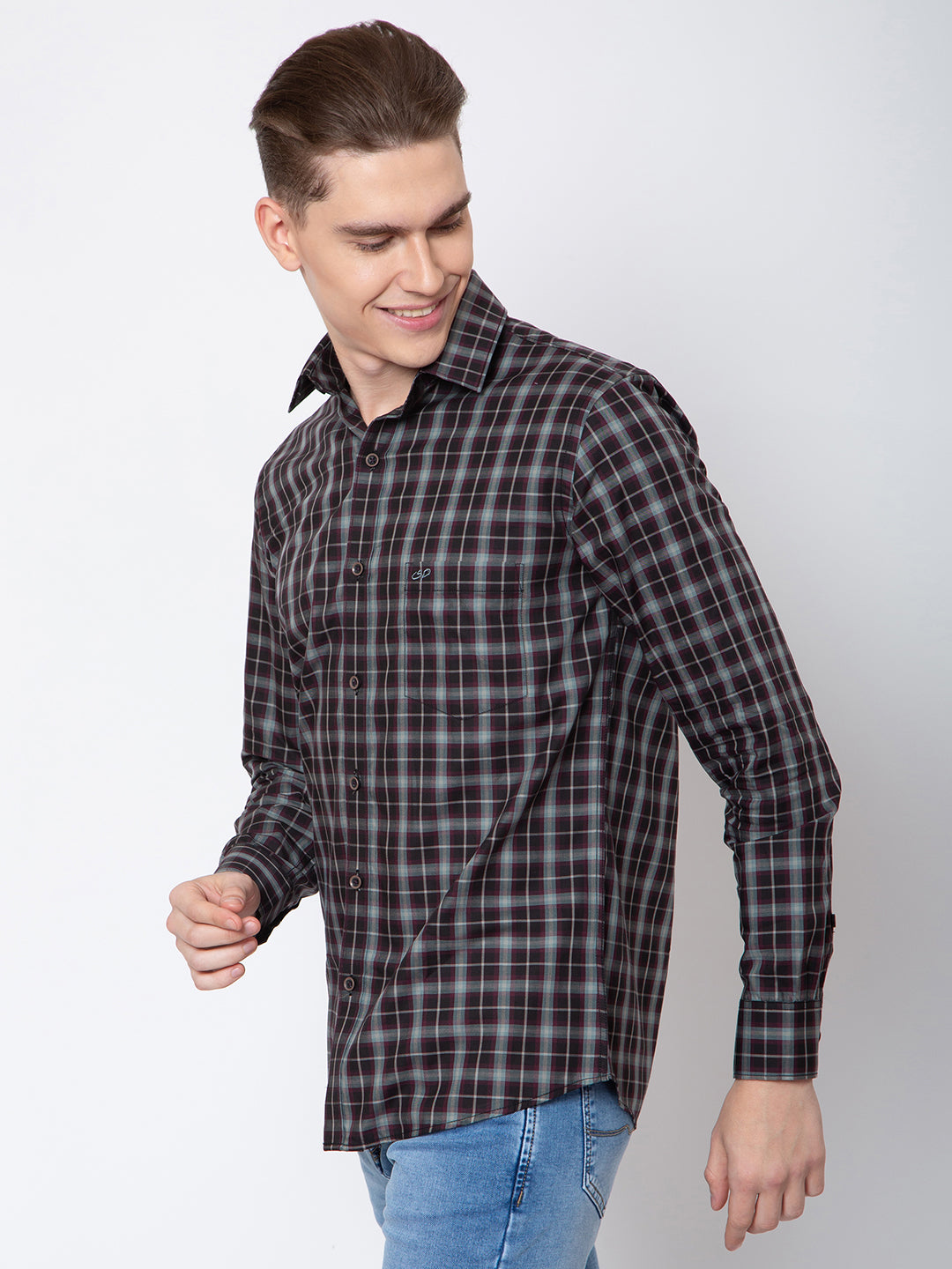 Men Brown Grey Check Print Shirt