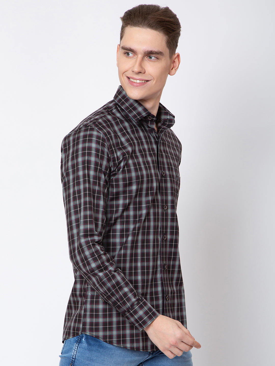 Men Brown Grey Check Print Shirt
