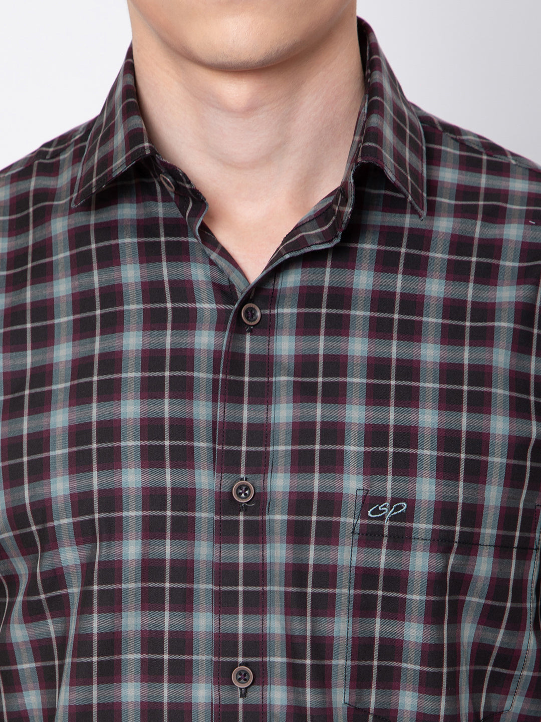 Men Brown Grey Check Print Shirt