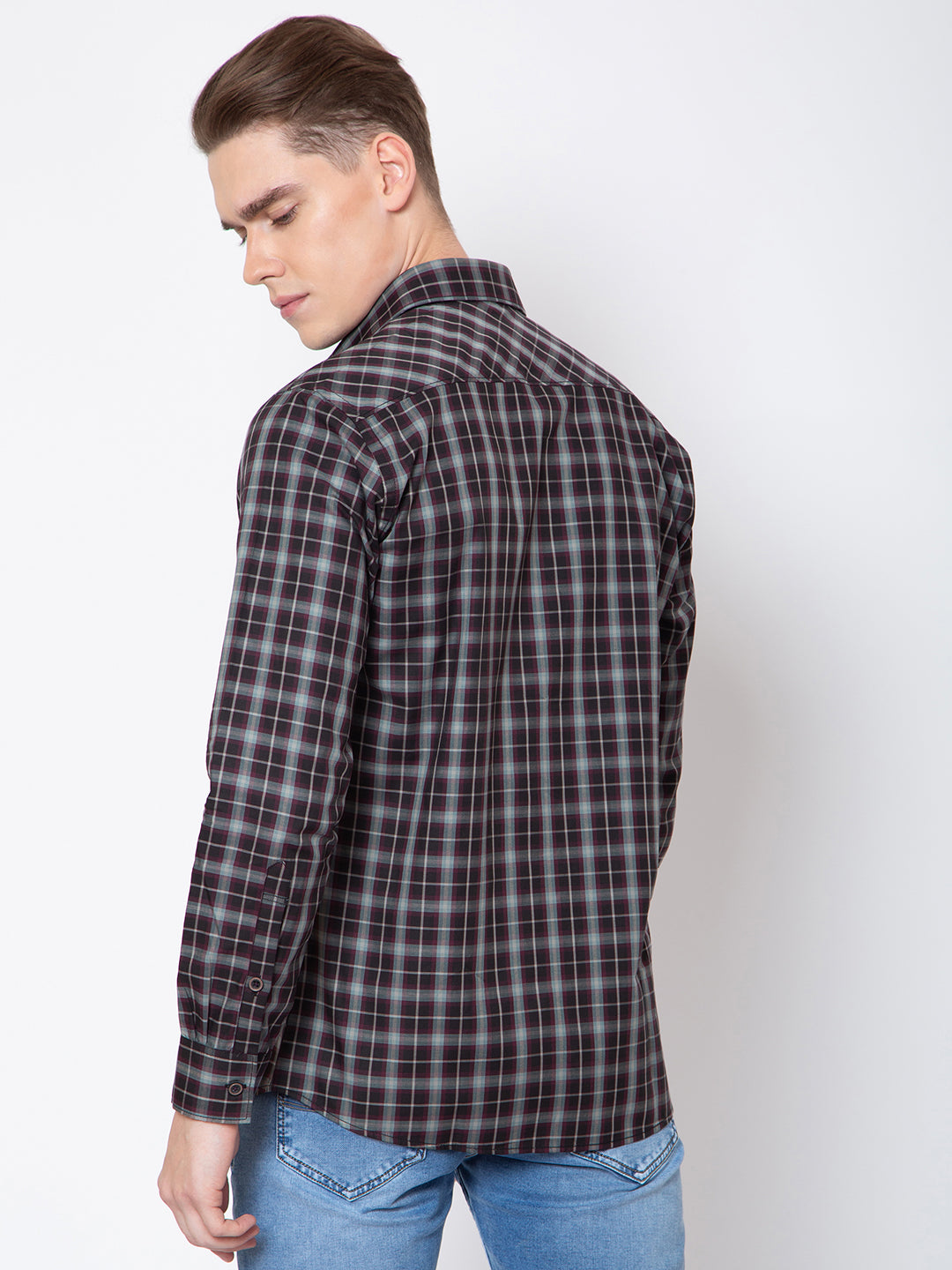 Men Brown Grey Check Print Shirt
