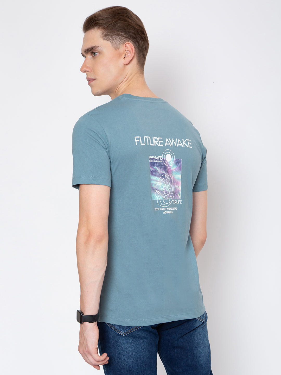 Men Round Neck Chest Print T-Shirt