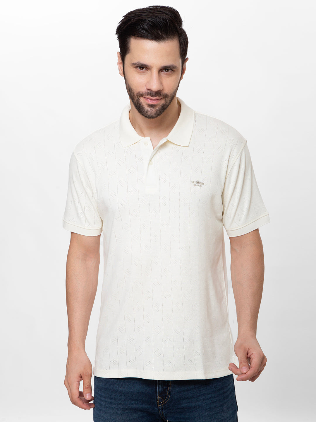 Men White 	Polo Jacquard T-Shirt
