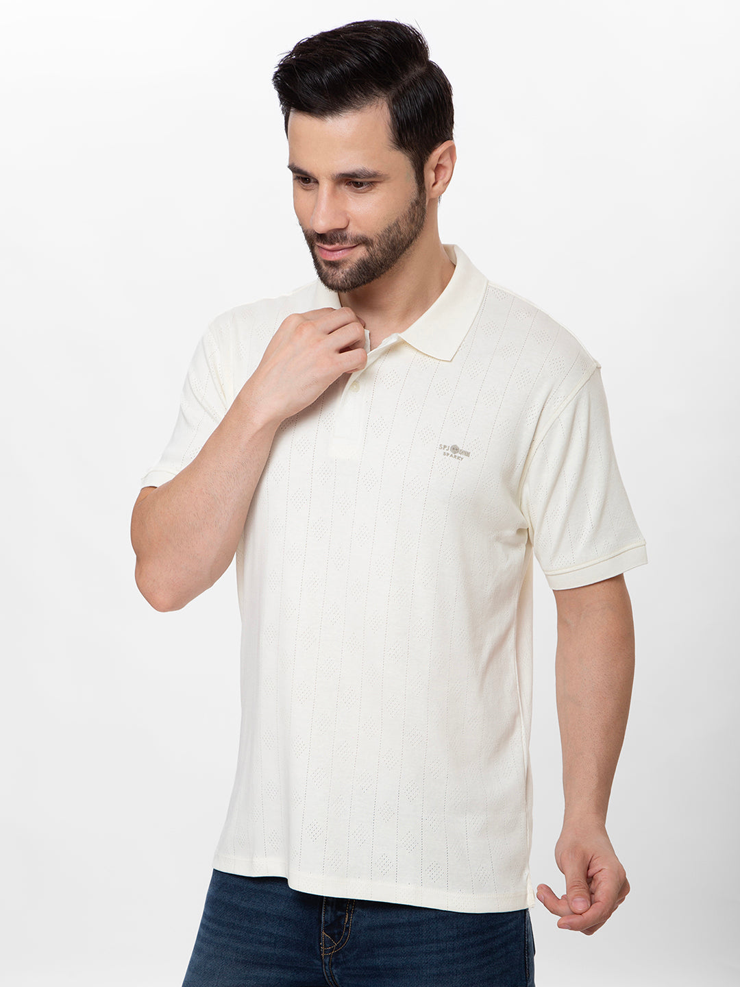 Men White 	Polo Jacquard T-Shirt
