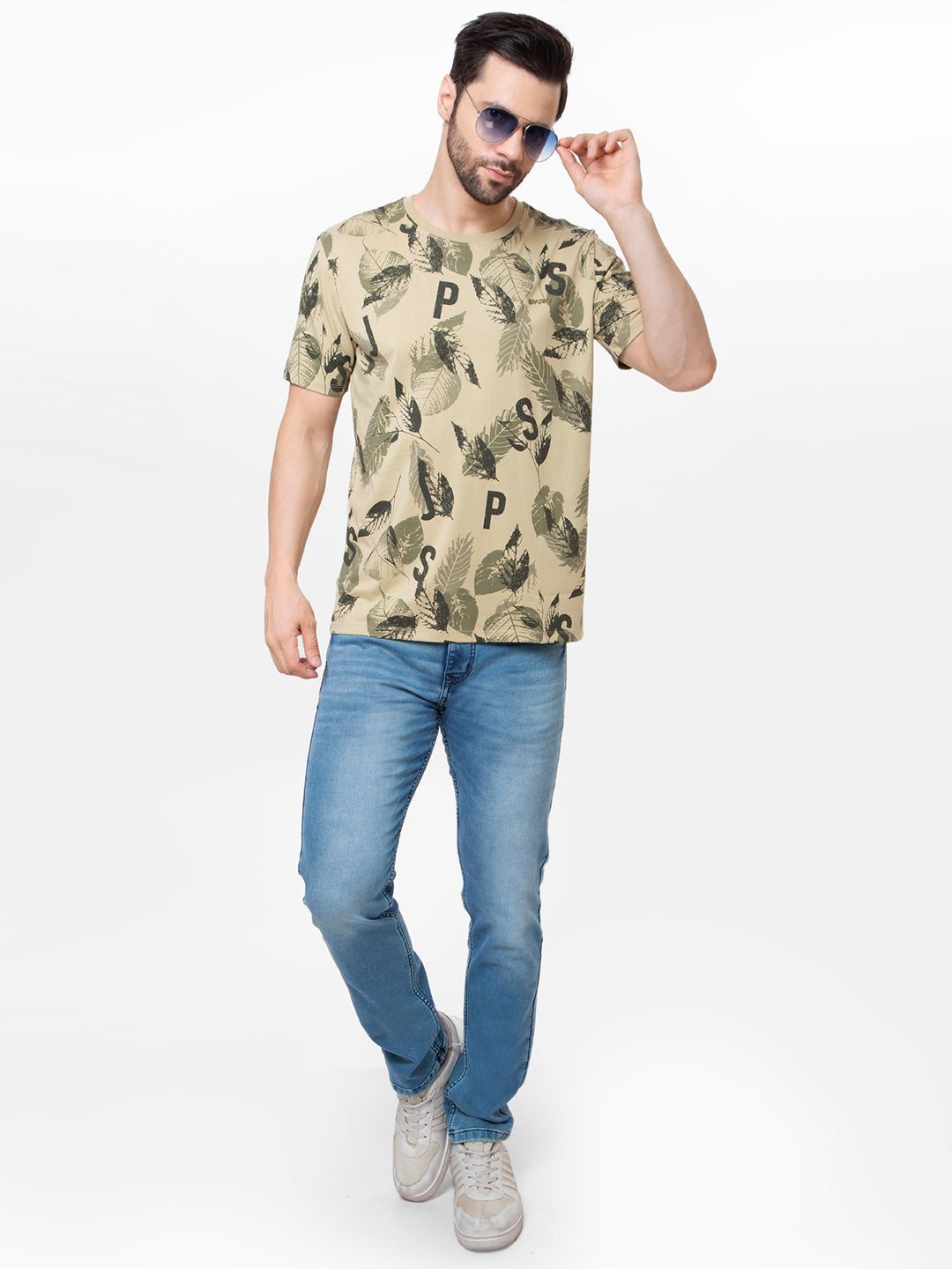 Men Olive Round Neck Printed T-Shirt