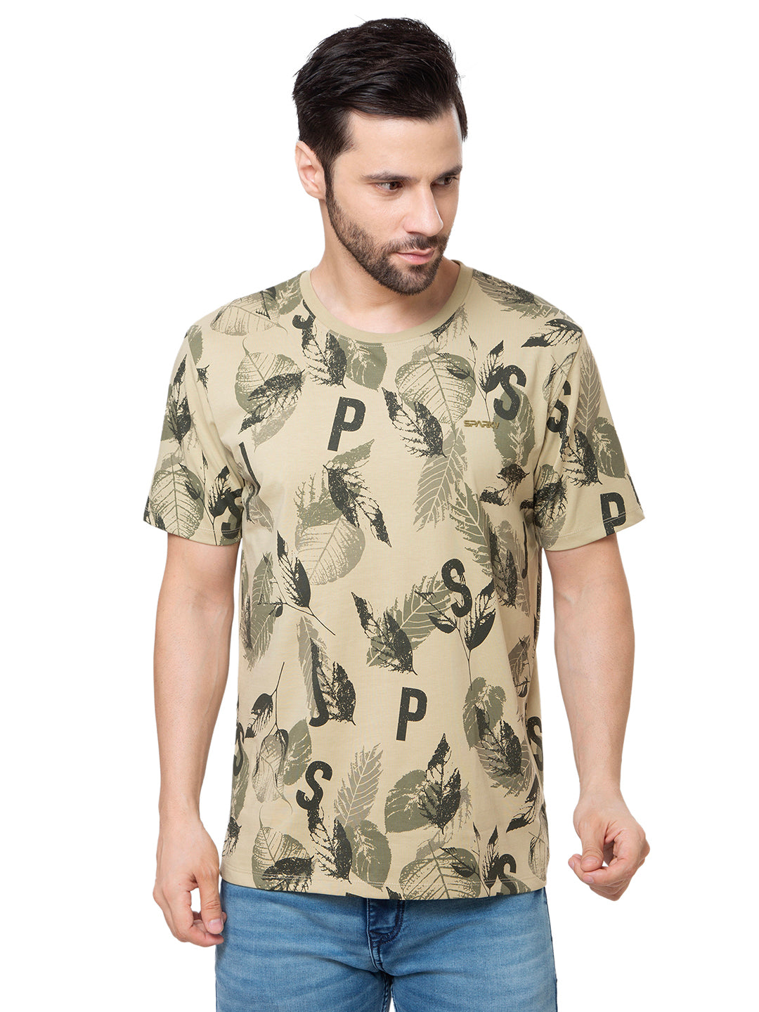 Men Olive Round Neck Printed T-Shirt