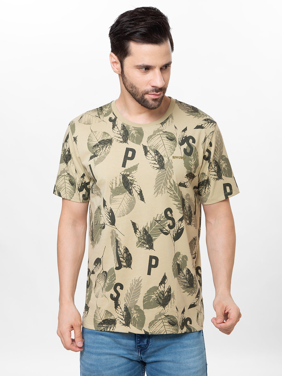 Men Olive Round Neck Printed T-Shirt