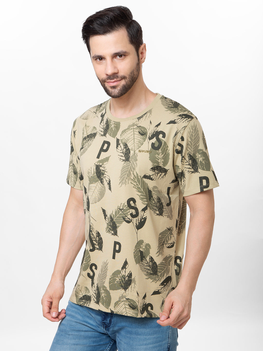 Men Olive Round Neck Printed T-Shirt