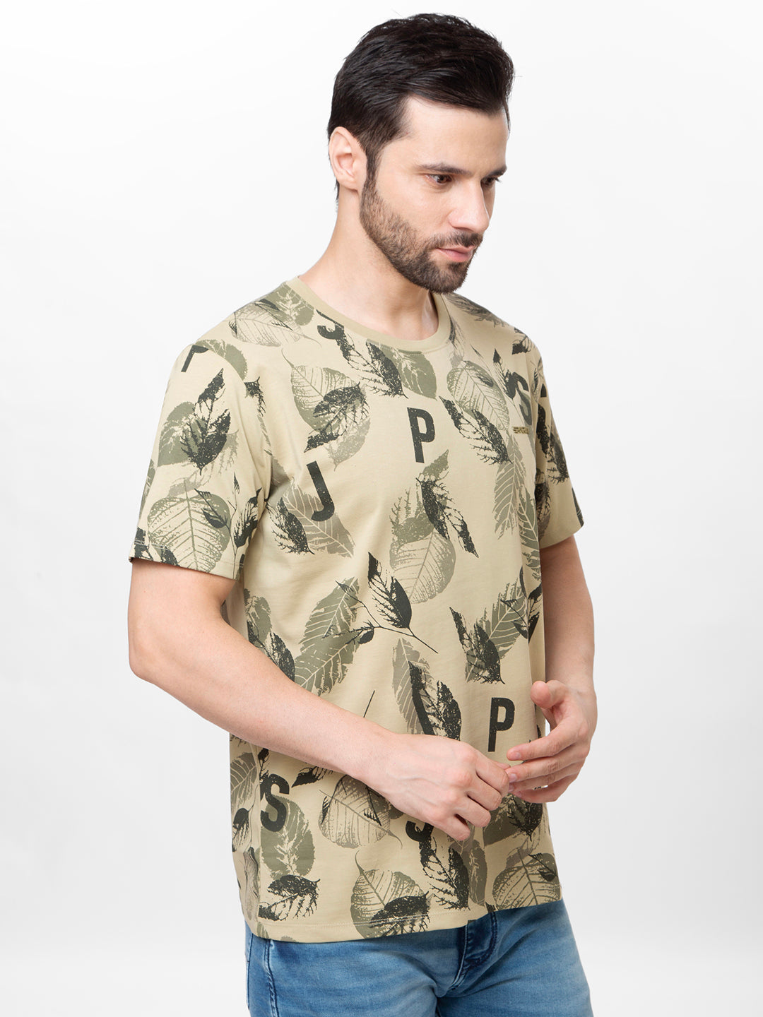 Men Olive Round Neck Printed T-Shirt