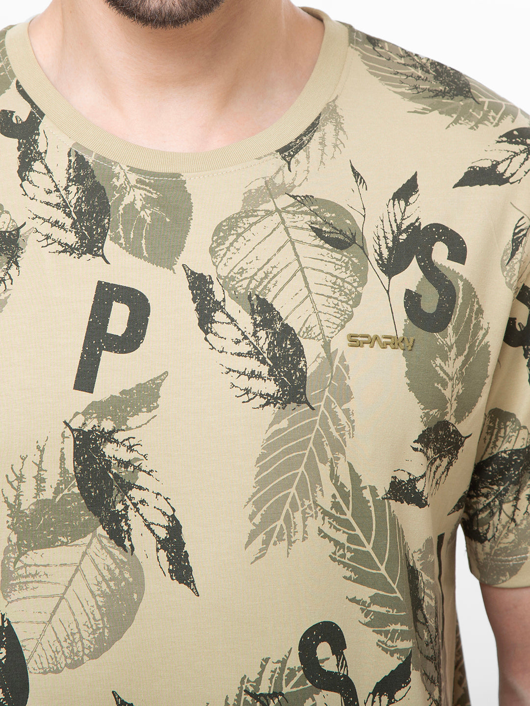Men Olive Round Neck Printed T-Shirt
