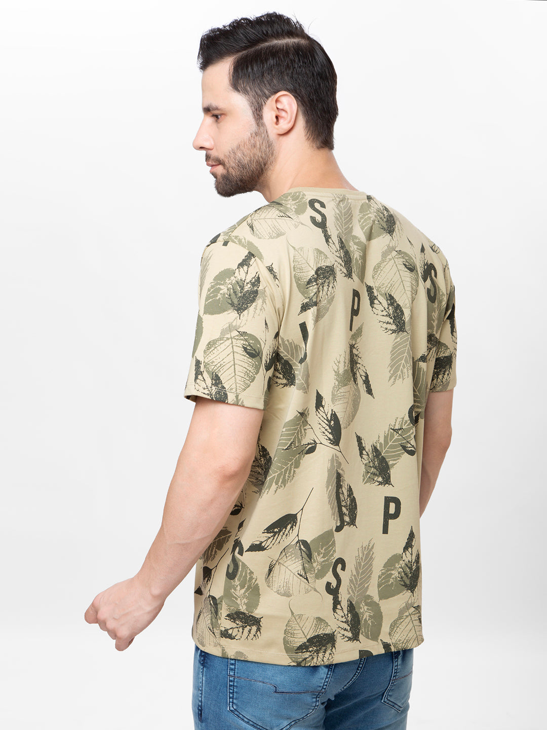 Men Olive Round Neck Printed T-Shirt