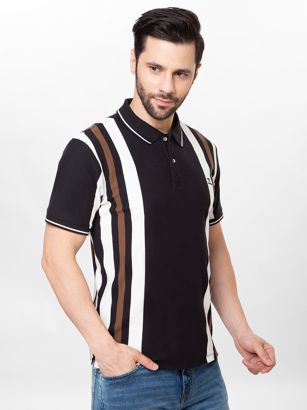 Men Black 	Polo Striper T-Shirt