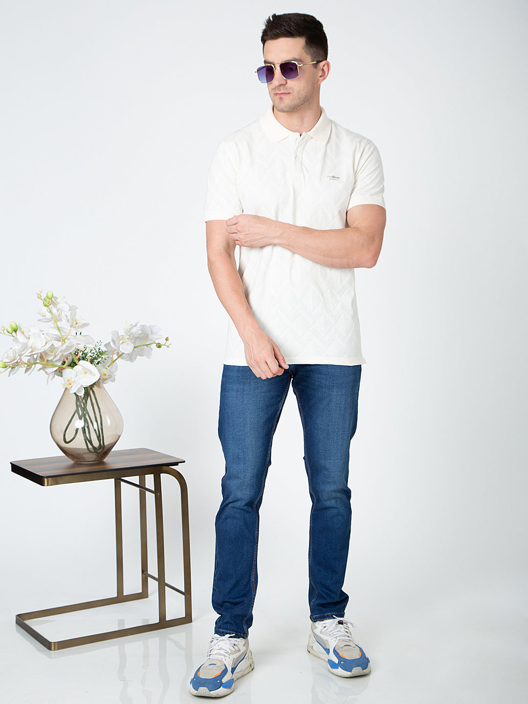 Men Cream Polo Jacquard T-Shirt