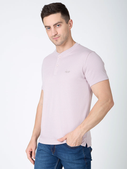 Men Pink Round Neck Henley Nick T-Shirt
