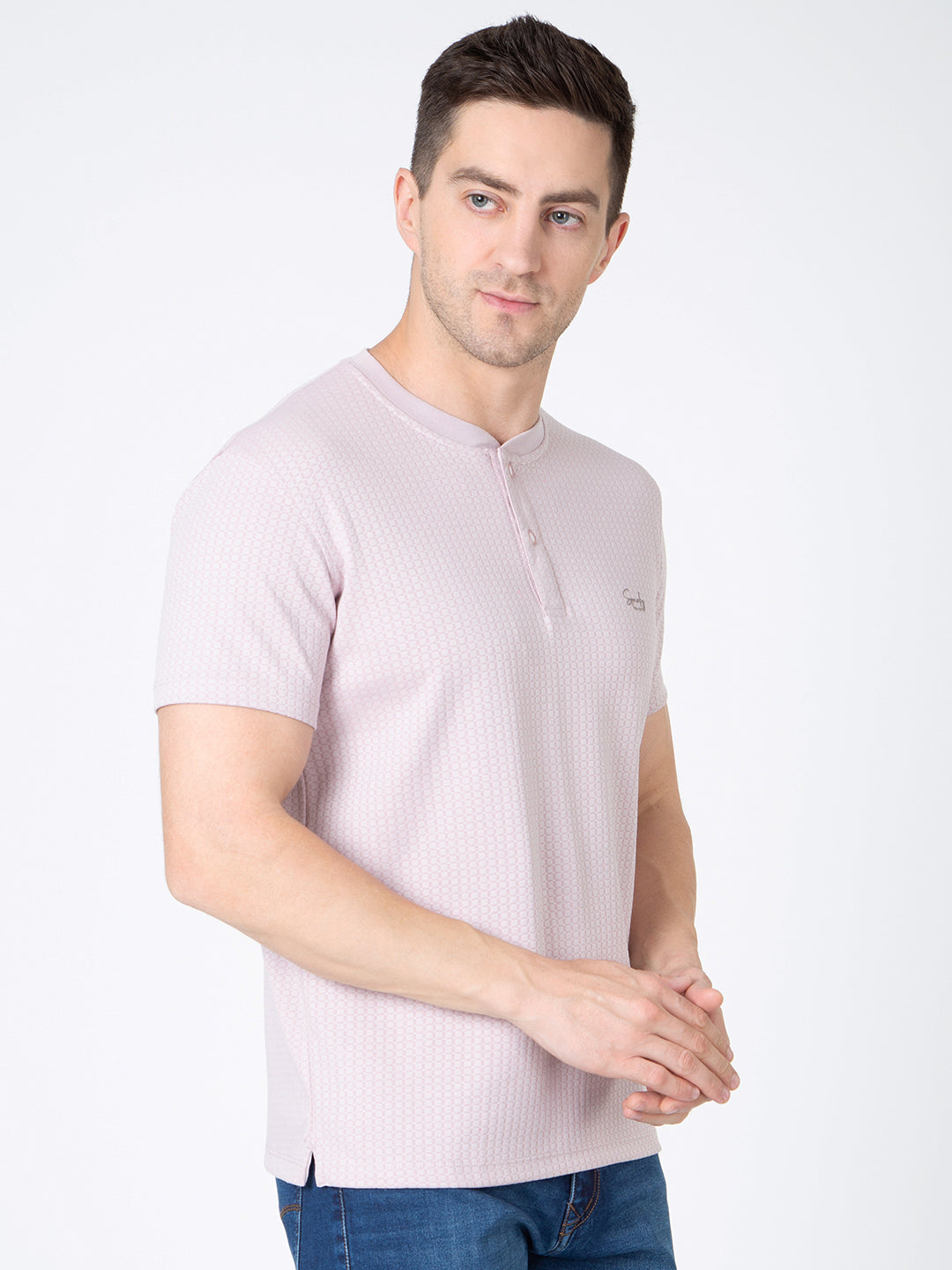Men Pink Round Neck Henley Nick T-Shirt