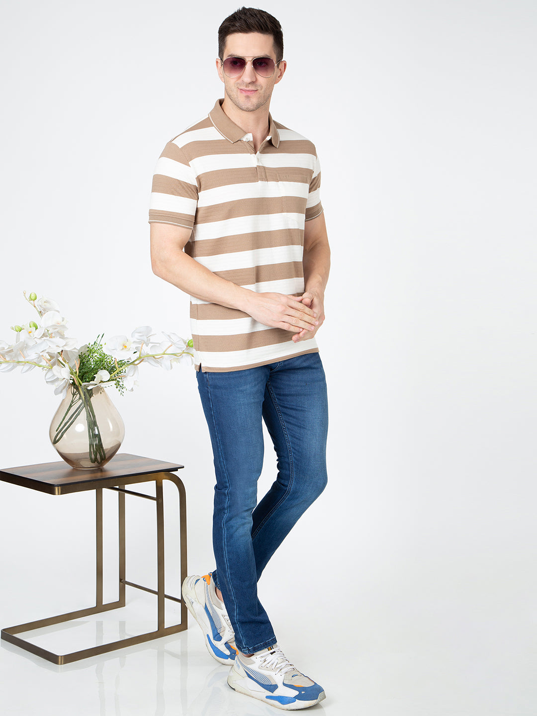 Men Brown Polo Jaquart Stripe T-Shirt