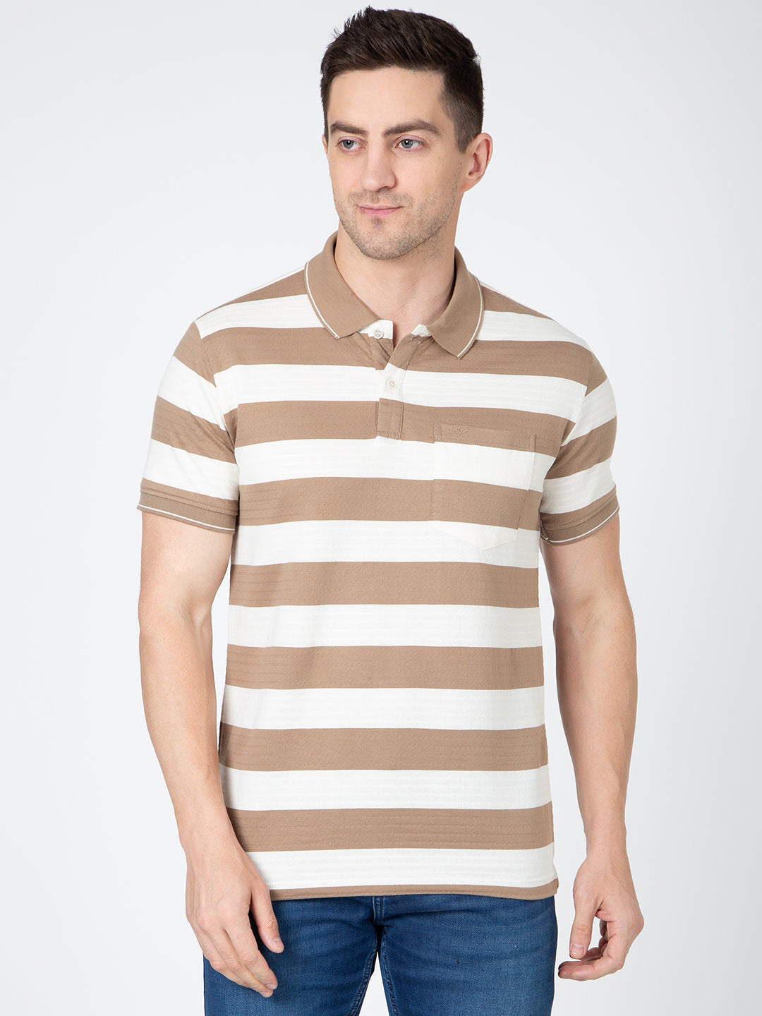 Men Brown Polo Jaquart Stripe T-Shirt