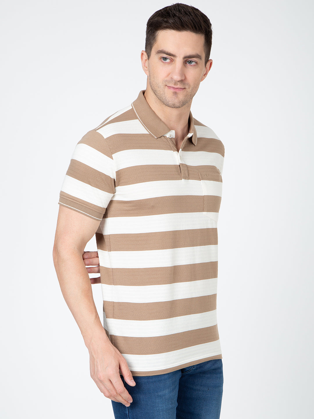 Men Brown Polo Jaquart Stripe T-Shirt