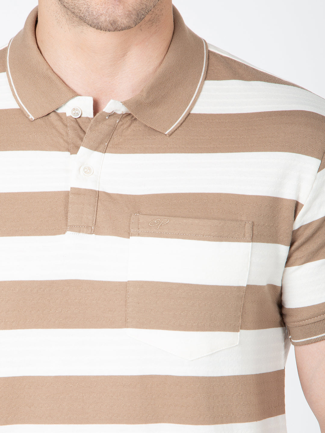 Men Brown Polo Jaquart Stripe T-Shirt