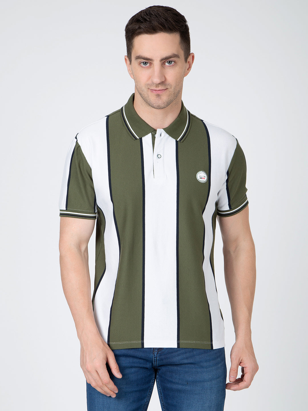 Men Green Polo Vertical Stripes T-Shirt