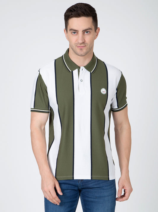 Men Green Polo Vertical Stripes T-Shirt