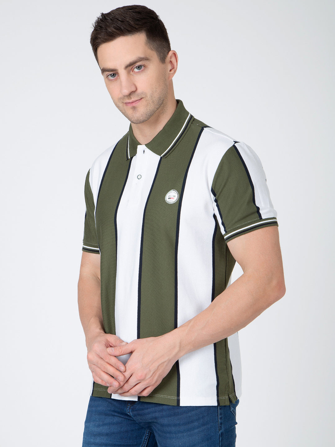 Men Green Polo Vertical Stripes T-Shirt