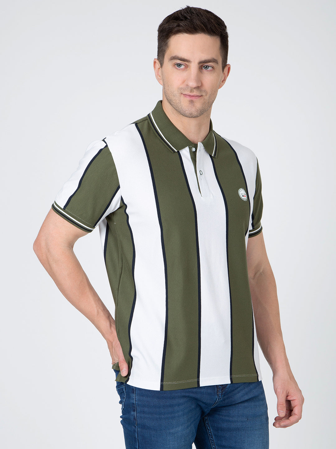 Men Green Polo Vertical Stripes T-Shirt