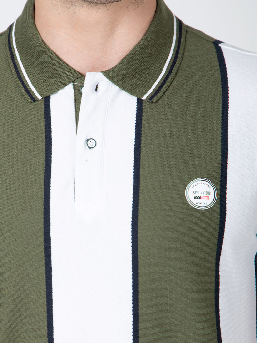 Men Green Polo Vertical Stripes T-Shirt