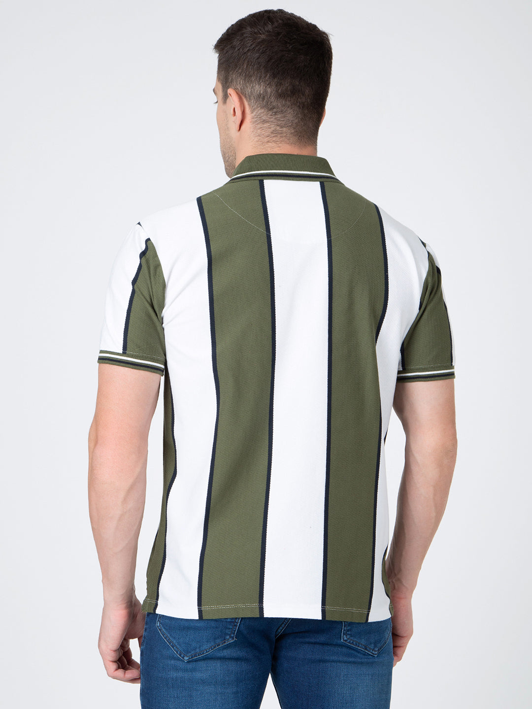 Men Green Polo Vertical Stripes T-Shirt