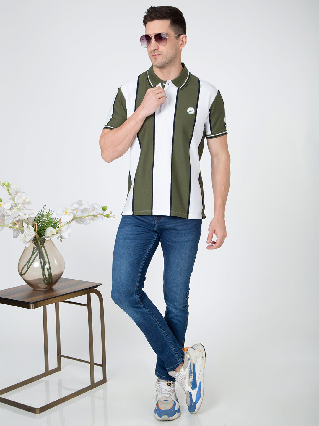 Men Green Polo Vertical Stripes T-Shirt