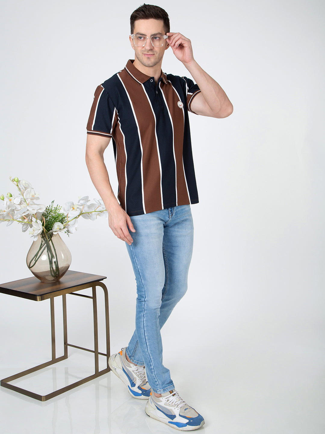 Men Brown Polo Vertical Stripes T-Shirt