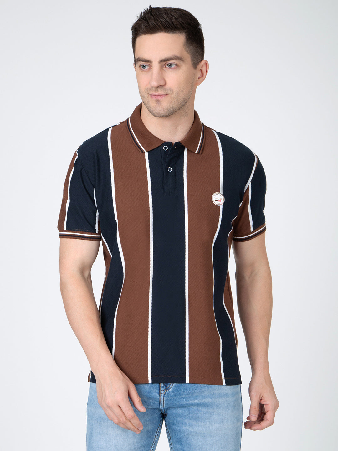 Men Brown Polo Vertical Stripes T-Shirt