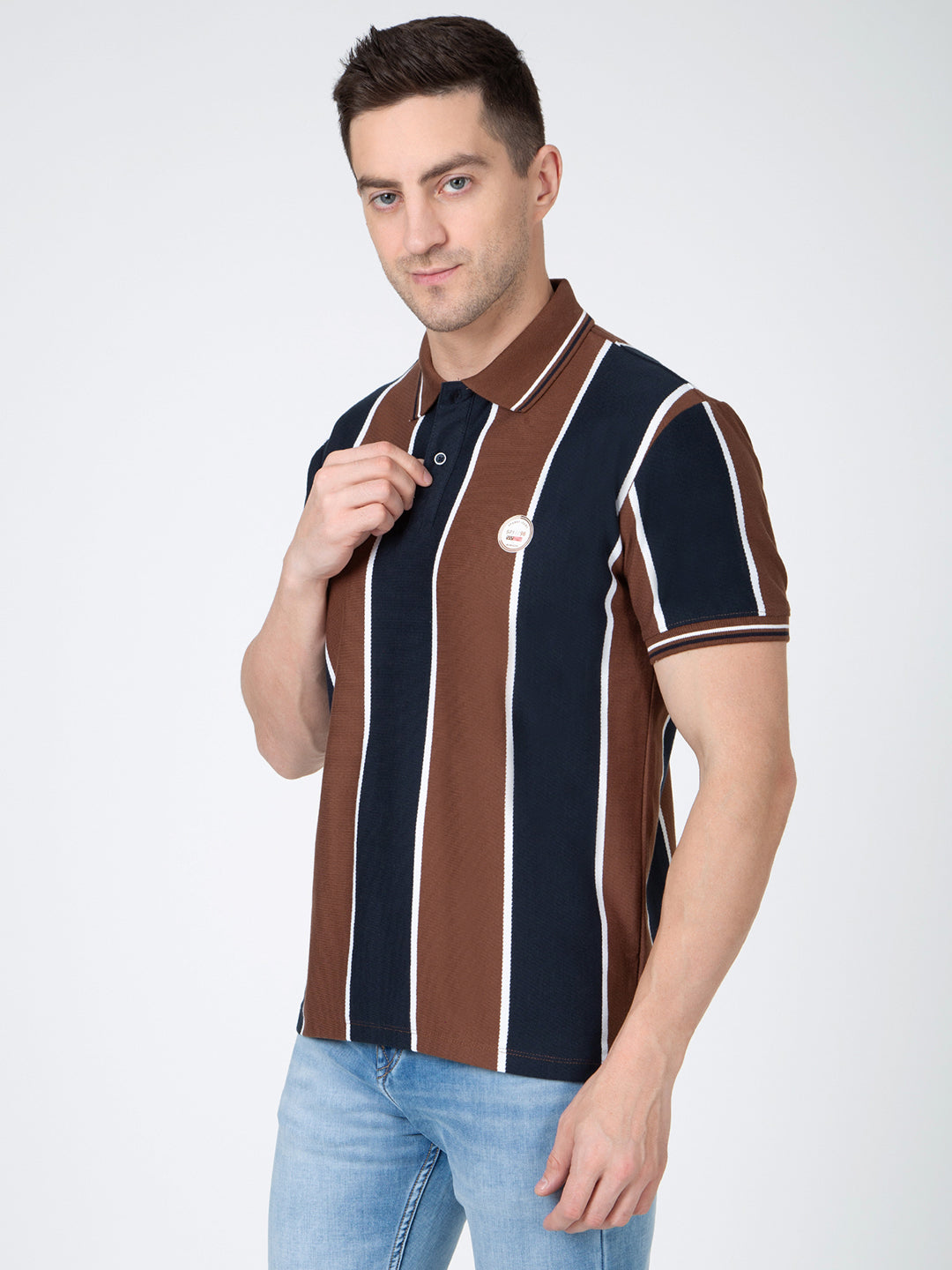 Men Brown Polo Vertical Stripes T-Shirt