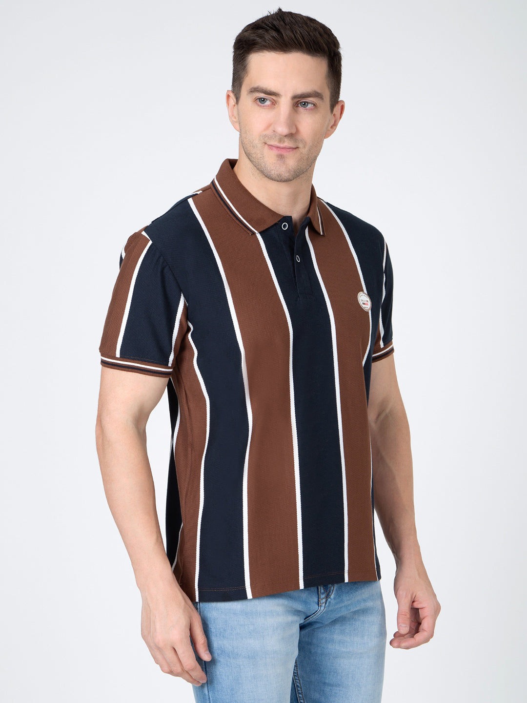 Men Brown Polo Vertical Stripes T-Shirt
