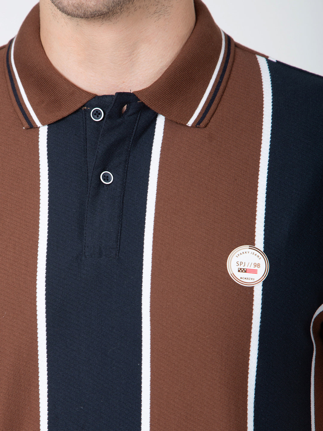 Men Brown Polo Vertical Stripes T-Shirt